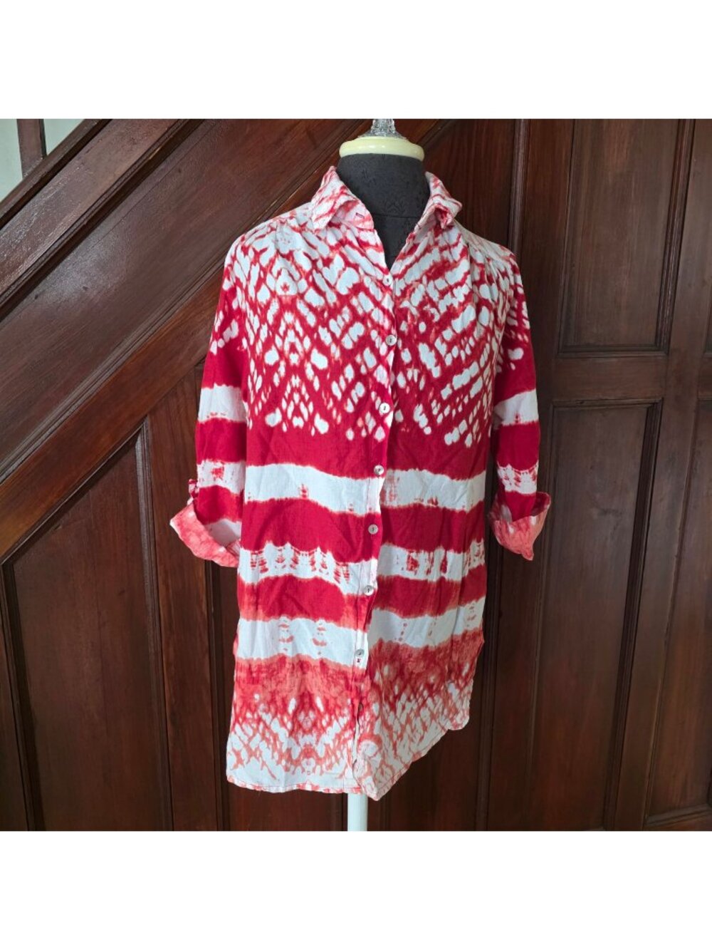 Red & White Tie-Dye Button-Down Shirt Dress With Roll-Up Sleeves 100% Cotton Siz
